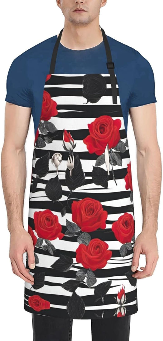 Black White Stripes Red Rose Flowers print Waterproof chef's apron wit