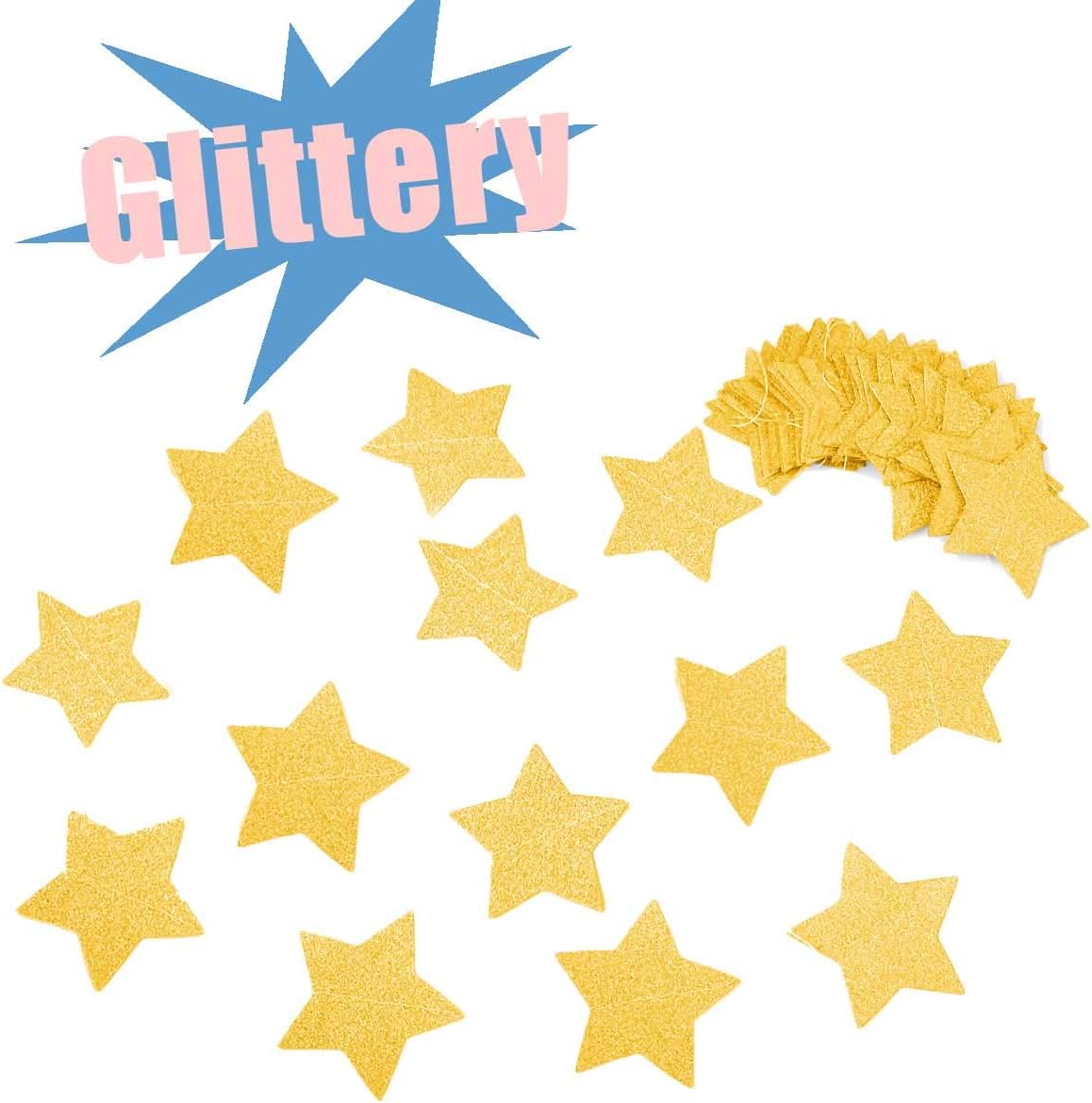 6 Pcs Gold Glitter Star Paper Garland Twinkle Bunting Banner Hanging Decorations for Christmas Birthday Party Golden Sparkling Stars for Bridal Showers Wedding Baby Shower Holiday Supplies (50 Feet)