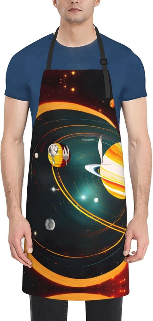 Solar System Jupiter Saturn print Waterproof chef's apron with pocket apron for kitchen cooking baking barbecue and gardening