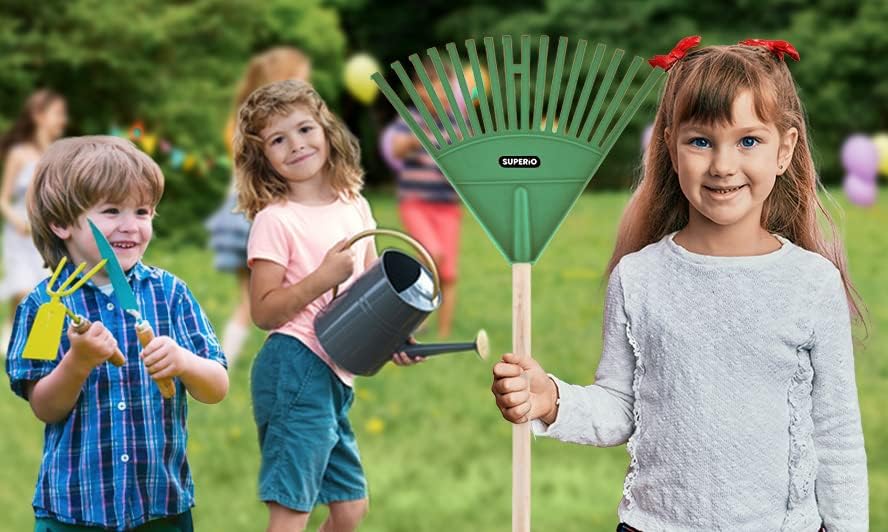 Superio Kids Rake with Hardwood Handle, Gardening and Lawn Care Tools 