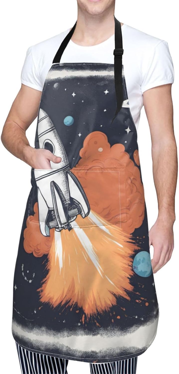 Rocket in Space print Waterproof chef's apron with pocket apron for kitchen cooking baking barbecue and gardening