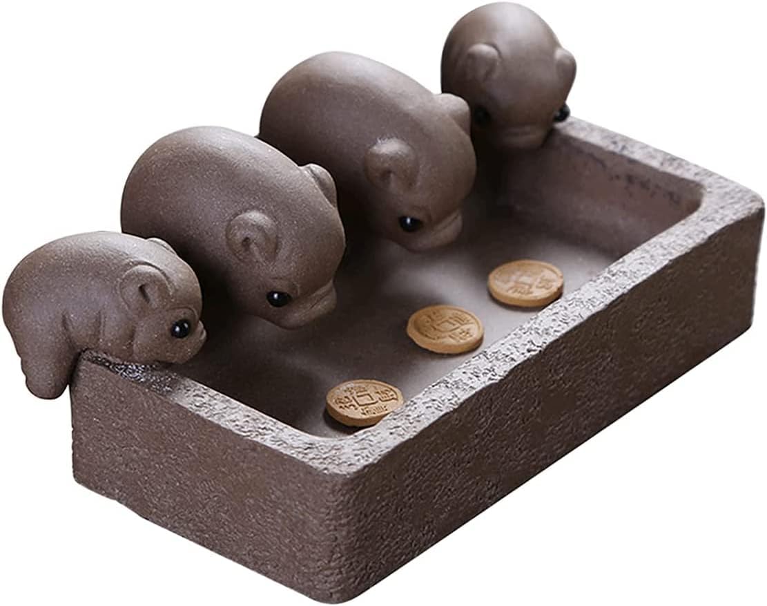 Yixing Zisha Tea Pet,Cute 4 Pig Statues Purple Clay Animal Figurine Planter Pot,Chinese Tea Tray Accessories Ornament
