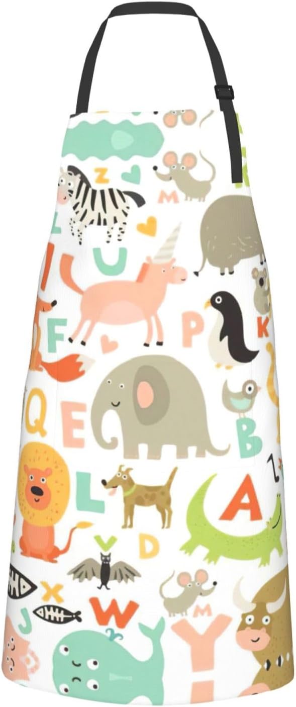 Zoo Alphabet Animal Print Laundry apron 28x33 In Waterproof Kitchen Apron with Pockets for Cooking Baking