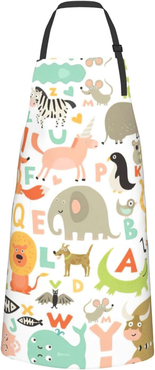 Zoo Alphabet Animal Print Laundry apron 28x33 In Waterproof Kitchen Apron with Pockets for Cooking Baking