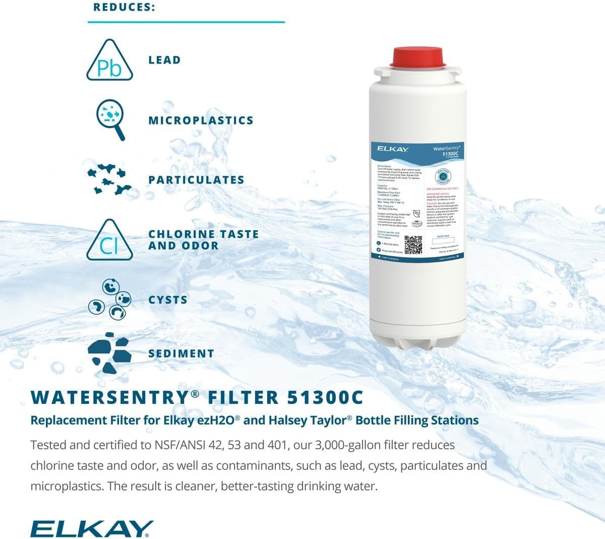 Elkay Genuine WaterSentry 51300C Lead + Microplastics NSF/ANSI Certified Filter (Single)(Bottle Fillers)