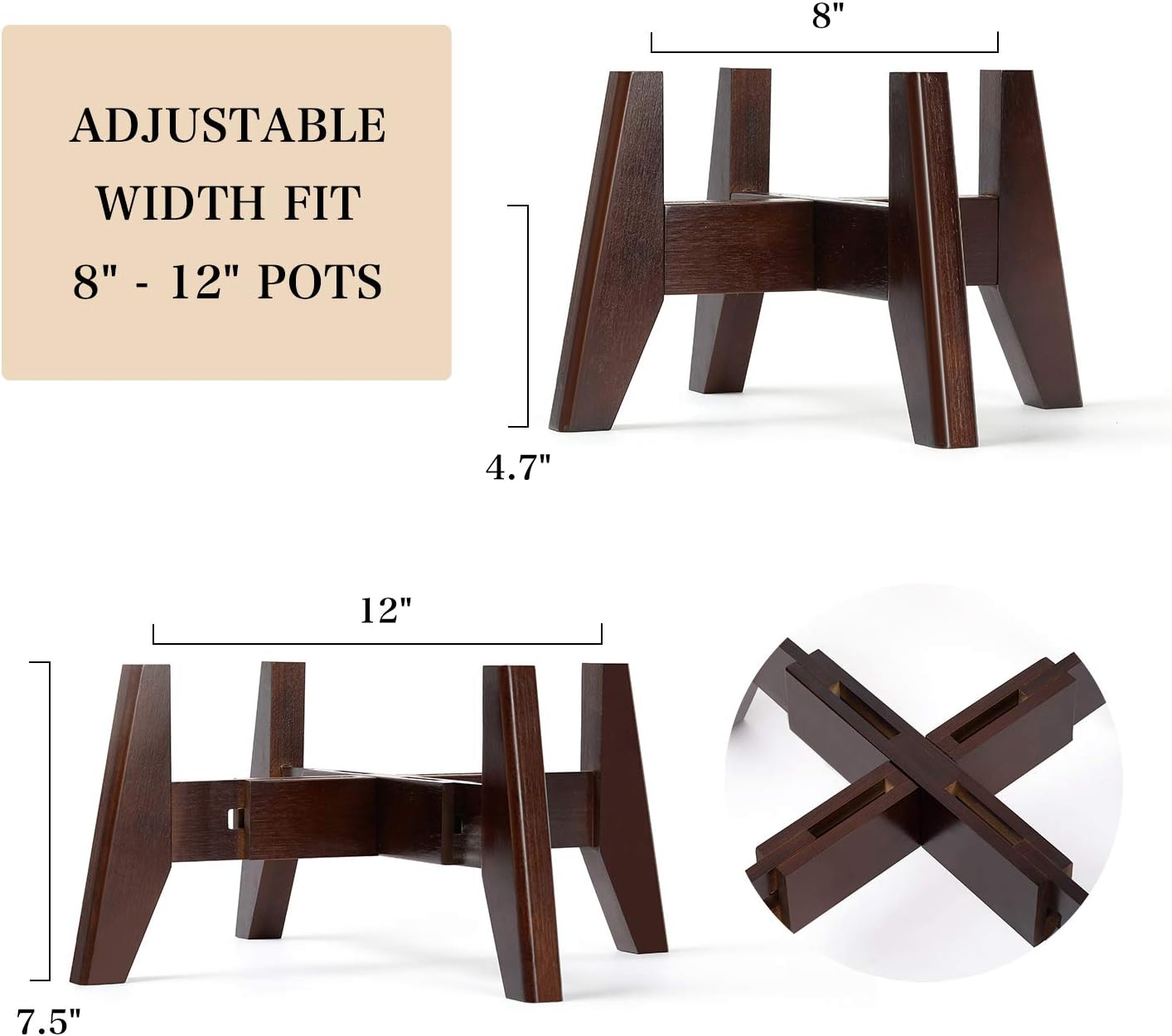Seanmi Plant Stands for Indoor Plants, Bamboo Plant Stand, Mid Century Plant Holder, Adjustable Width, Fits 8 9 10 11 12 inches Pots - Dark Brown (Planter Stand Only)