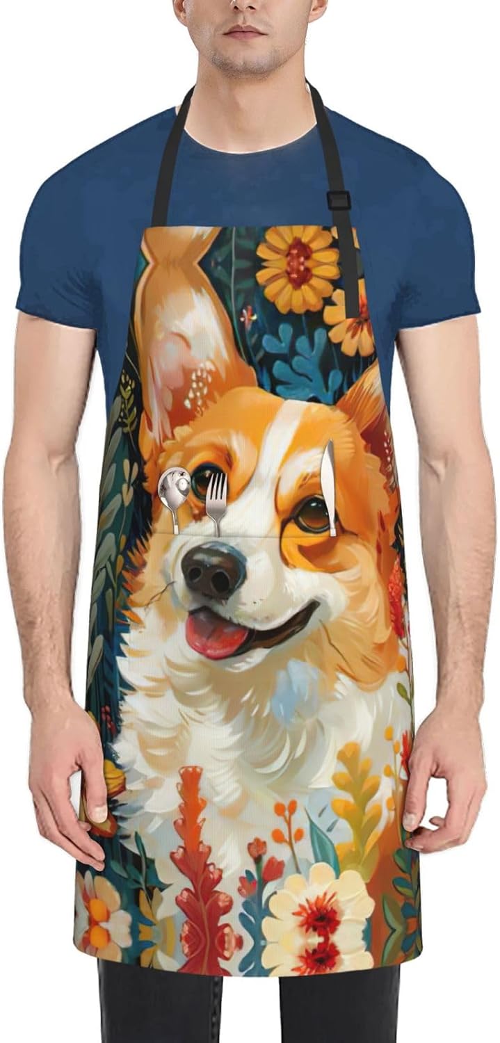 Corgi Floral Flowers Spring Garden Print Laundry apron 28x33 In Waterproof Kitchen Apron with Pockets for Cooking Baking