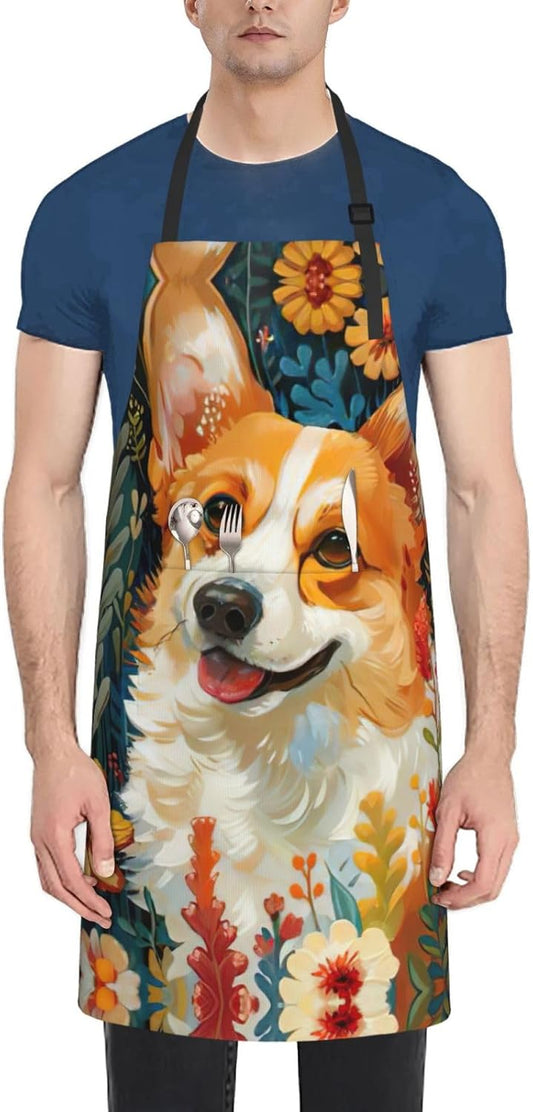 Corgi Floral Flowers Spring Garden Print Laundry apron 28x33 In Waterproof Kitchen Apron with Pockets for Cooking Baking