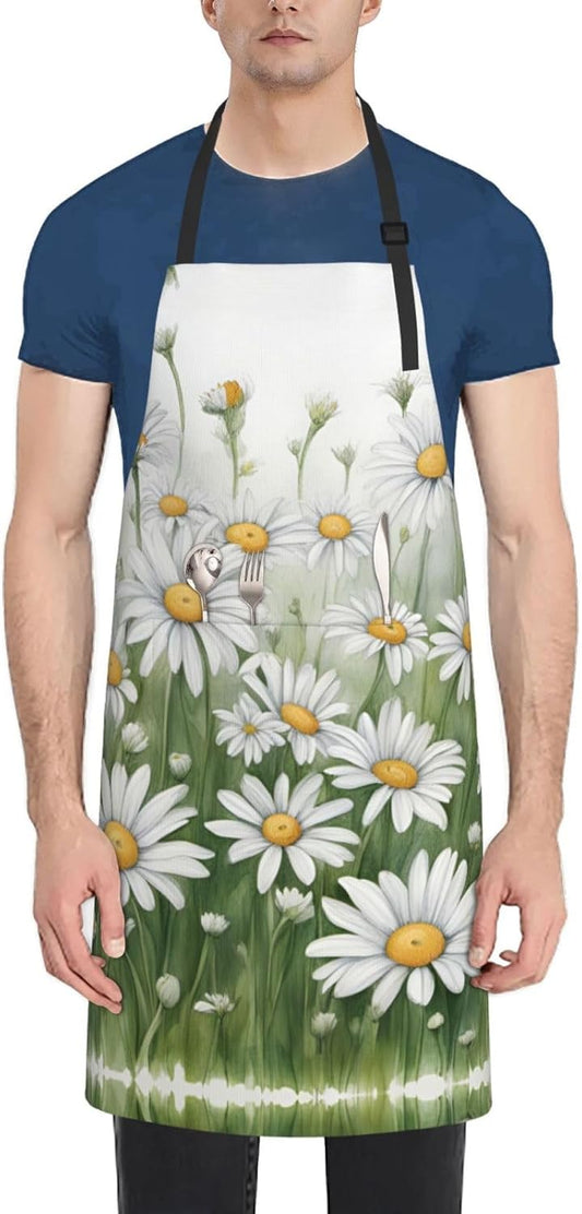White Daisy print Waterproof apron with pocket adjustable cooking apron for adult kitchen bibs to bake