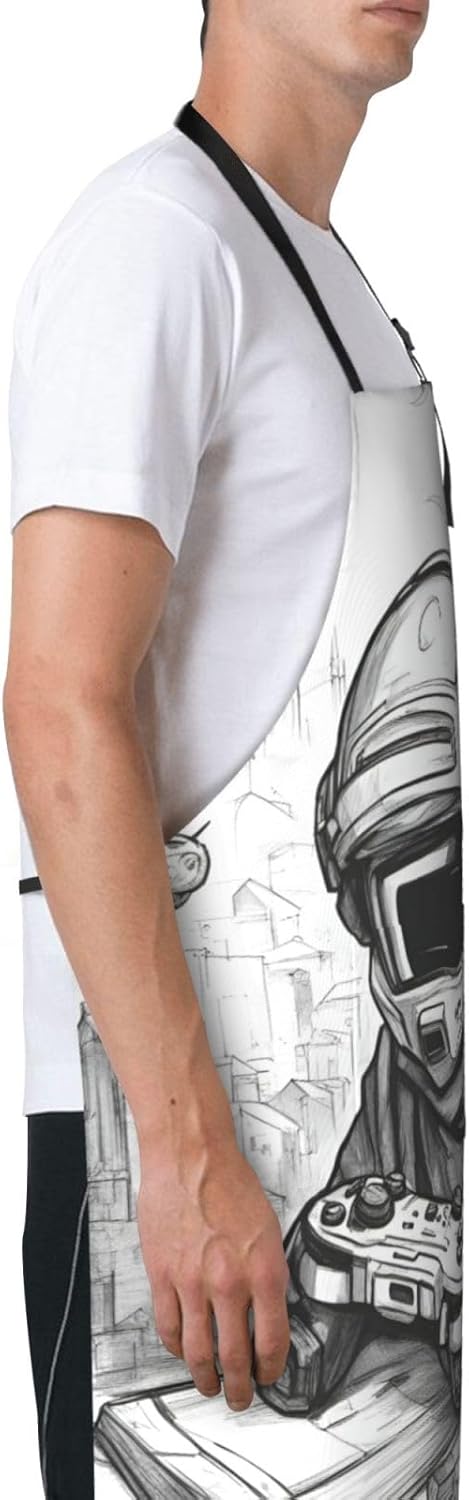 Monochrome Sketch Style Gaming Print 28x33 In Adult Kitchen Apron with