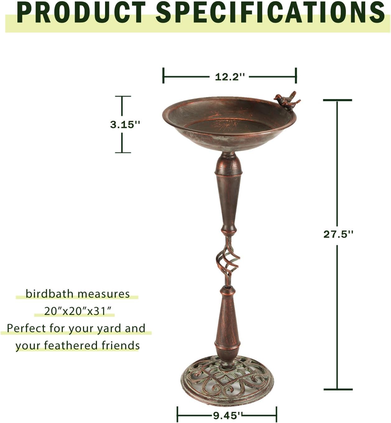27.5’’H Cast Iron Pedestal Bird Bath，Metal Bird Bath for Outdoor，Vinta