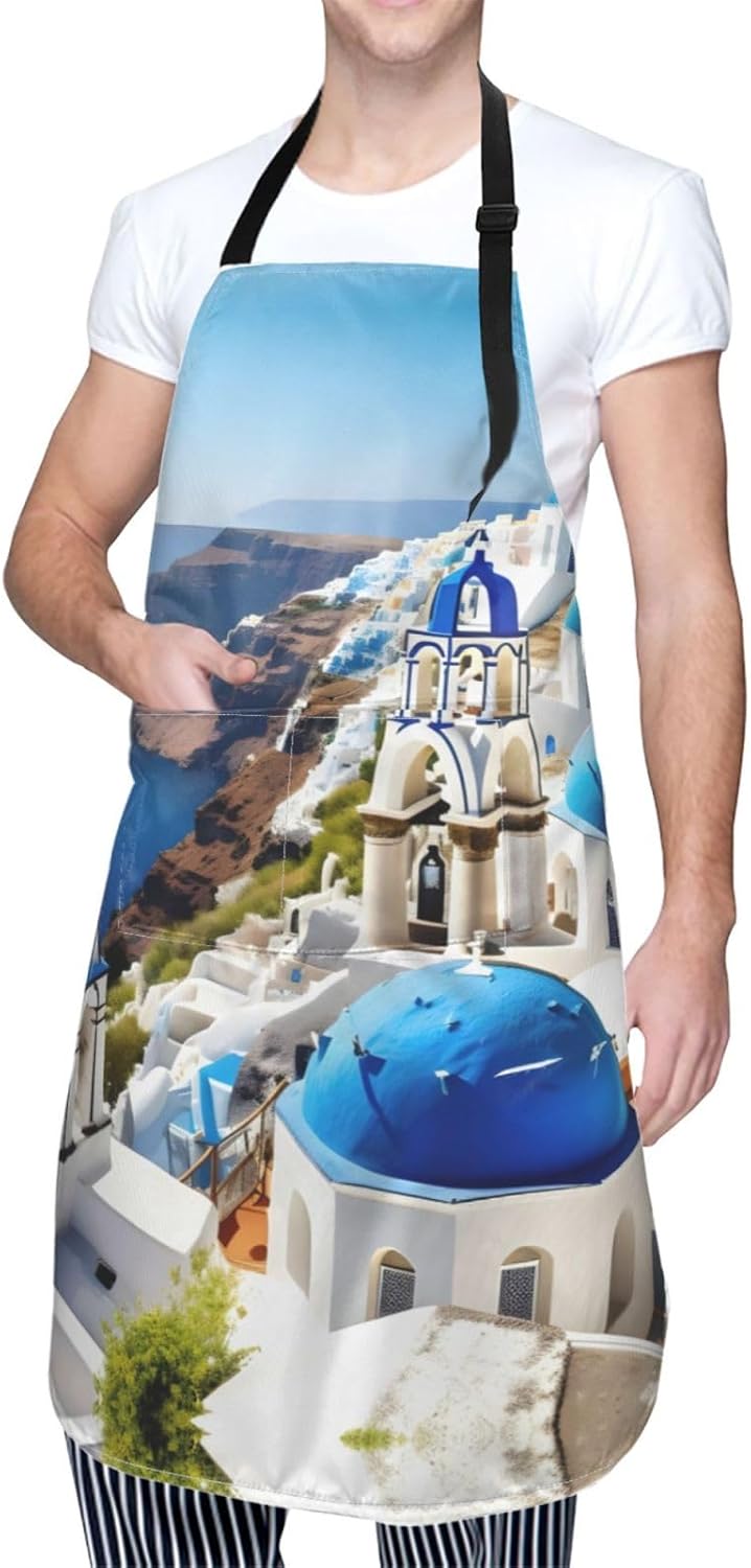 Greek Island sea View print Waterproof apron with pocket adjustable cooking apron for adult kitchen bibs to bake
