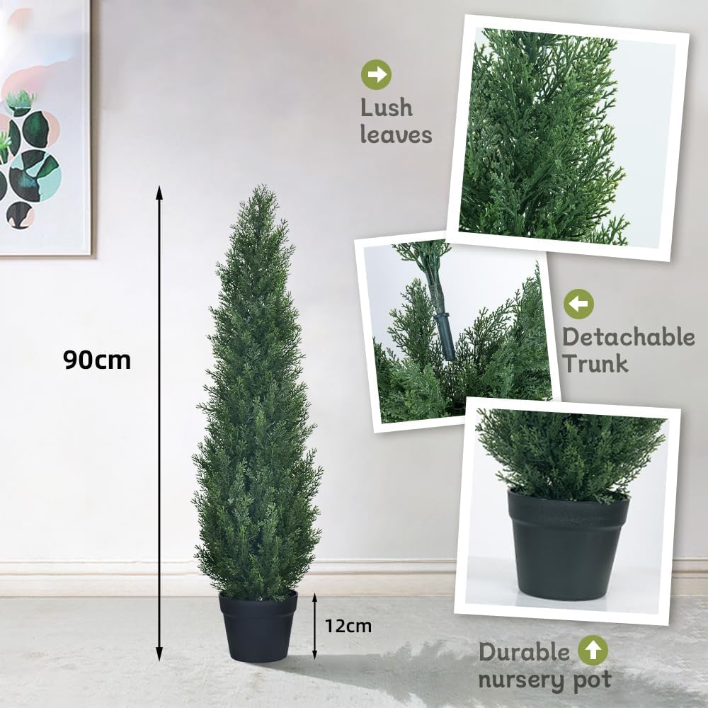 3ft Artificial Cedar Topiary Trees - Fake Boxwood Topiary Cypress Trees Potted Plants, Artificial Plants Shrubs for Home Indoor Outdoor Garden Porch Decor