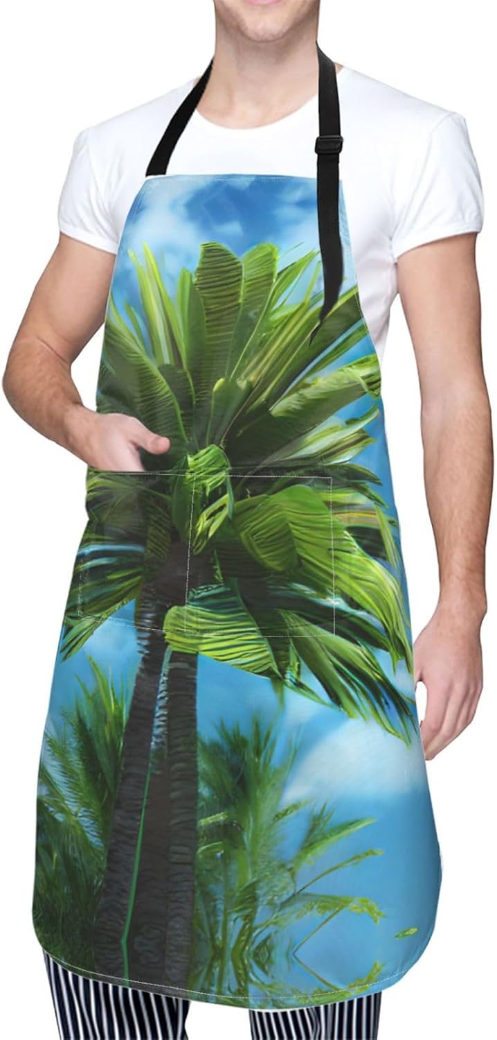 Summer Palm Tree print Waterproof chef's apron with pocket apron for kitchen cooking baking barbecue and gardening