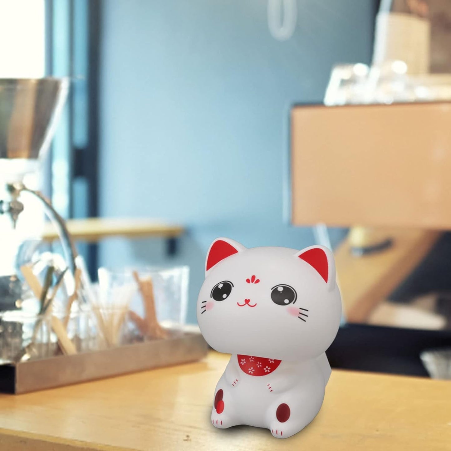 Cat Sculpture, Solar Light Induction Lucky Cat Statue Plastic Nodding Cute Ornament Decoration for Restaurants Car Dashboard (with Large Eyes)