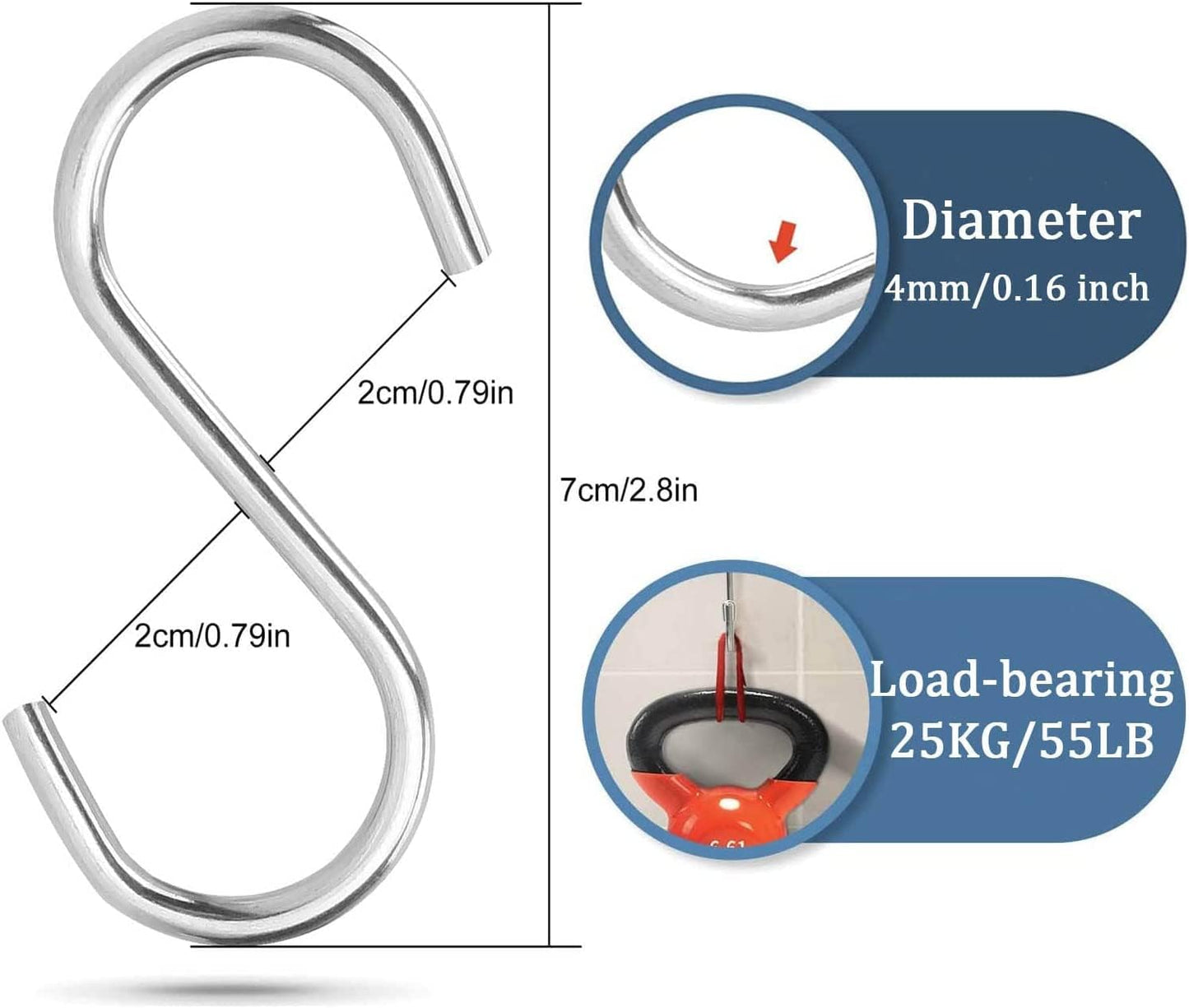 100 Pack 2.8 inch S Hooks for Hanging Stainless Steel S Hooks Bulk Sliver Small S Hook Rack Hangers Heavy Duty S Hanging Hangers Hook for Kitchen, Work Shop, Bathroom, Garden