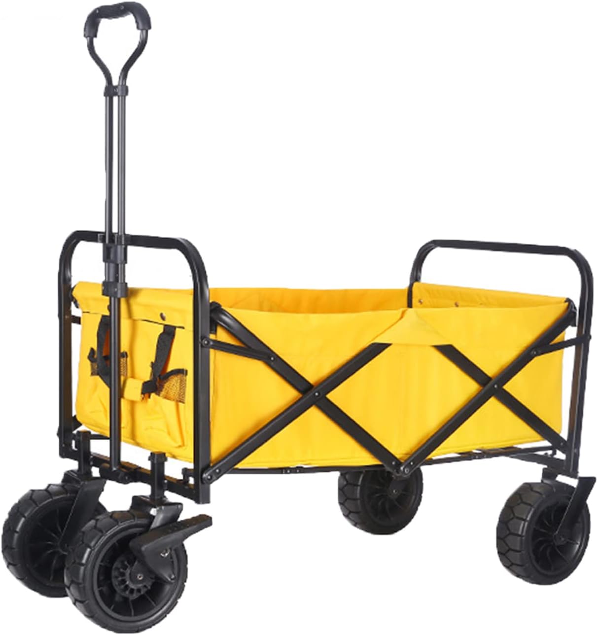 Collapsible Folding Wagon with Canopy - Portable Utility Garden Cart, Off-Road Wheels for Beach, Camping, Grocery, Sports - 120kg Capacity, Yellow Trailer
