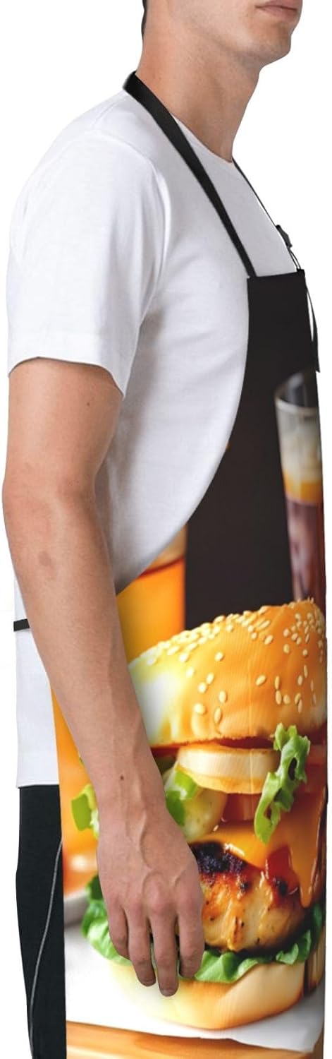 Chicken leg burger drink print Waterproof chef's apron with pocket apron for kitchen cooking baking barbecue and gardening