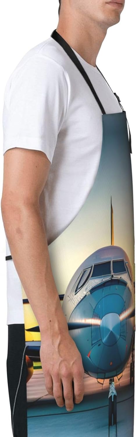 Aircraft Plane at Sunsets Print Laundry apron 28x33 In Waterproof Kitchen Apron with Pockets for Cooking Baking
