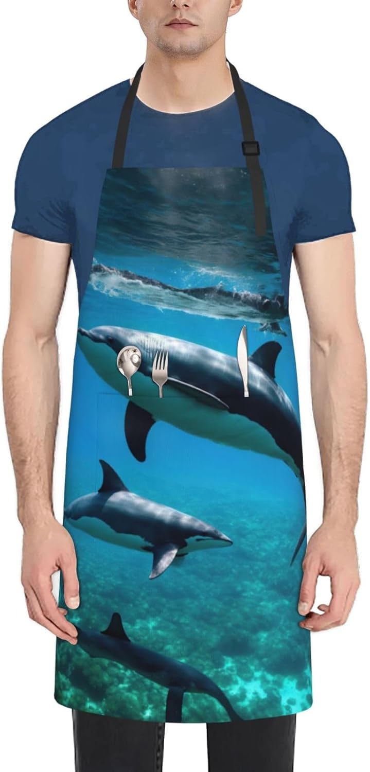 Funny Animal Dolphin Print Laundry apron 28x33 In Waterproof Kitchen Apron with Pockets for Cooking Baking