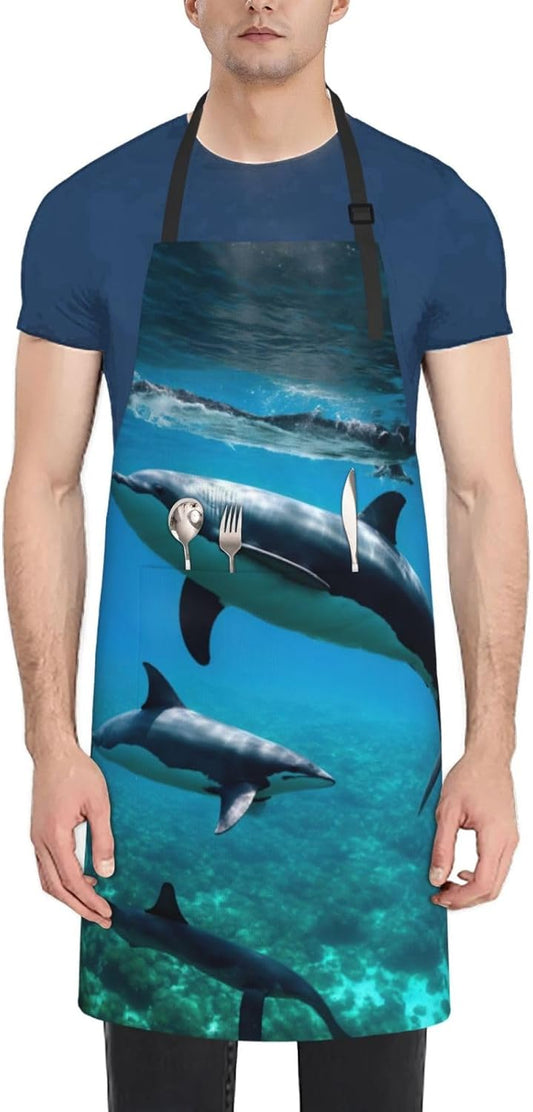 Funny Animal Dolphin Print Laundry apron 28x33 In Waterproof Kitchen Apron with Pockets for Cooking Baking
