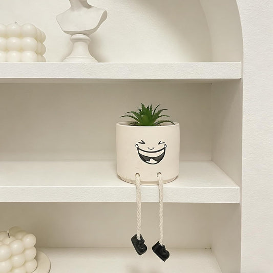 Artificial Succulents Potted Plant, Beige Cute Ceramics Planter with Faux Plants, Small Fake Plants Office Decor for Women Small Plants Pot with Hanging Leg for Shelf Decor