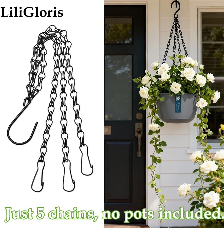 22 Inch Hanging Plant Chains with Clips & Hooks (Pack of 5) – Adjustable Heavy Duty Replacement Chains for Flower Pots, Bird Feeders, Baskets, Lanterns, Wind Chimes, and Indoor/Outdoor