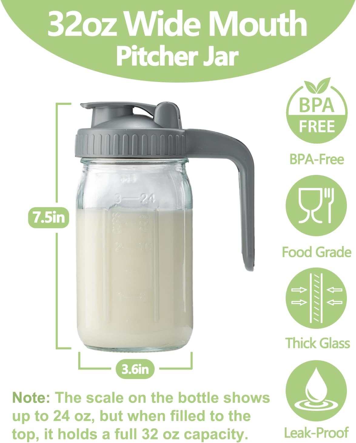 32oz Glass Pitcher with Lid & V-shaped Pour Spout - 1 Quart Breastmilk