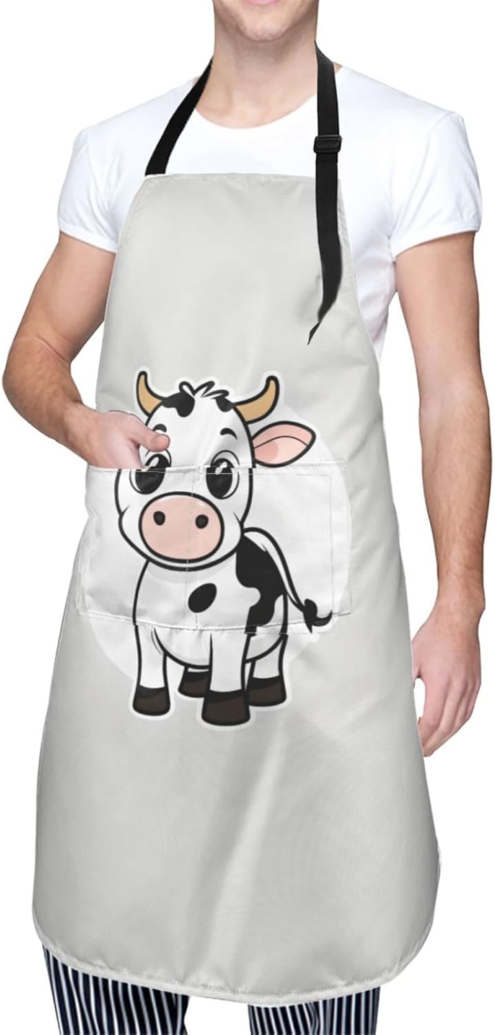 Cartoon Milk Cow print Waterproof chef's apron with pocket apron for kitchen cooking baking barbecue and gardening