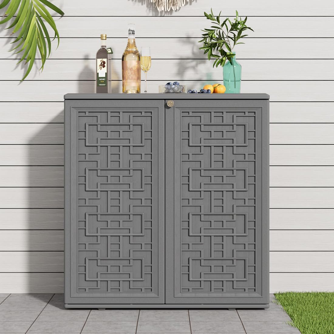 KINYING Outdoor Storage Cabinet Waterproof, Resin 62 Gallon Deck Box for Patio Furniture Cushions, Garden Tools, Pool Tools and Kids’ Toys (Grey with 1 Shelving)