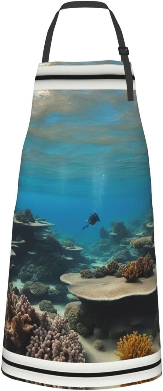 Underwater Ocean View print Waterproof apron with pocket adjustable cooking apron for adult kitchen bibs to bake