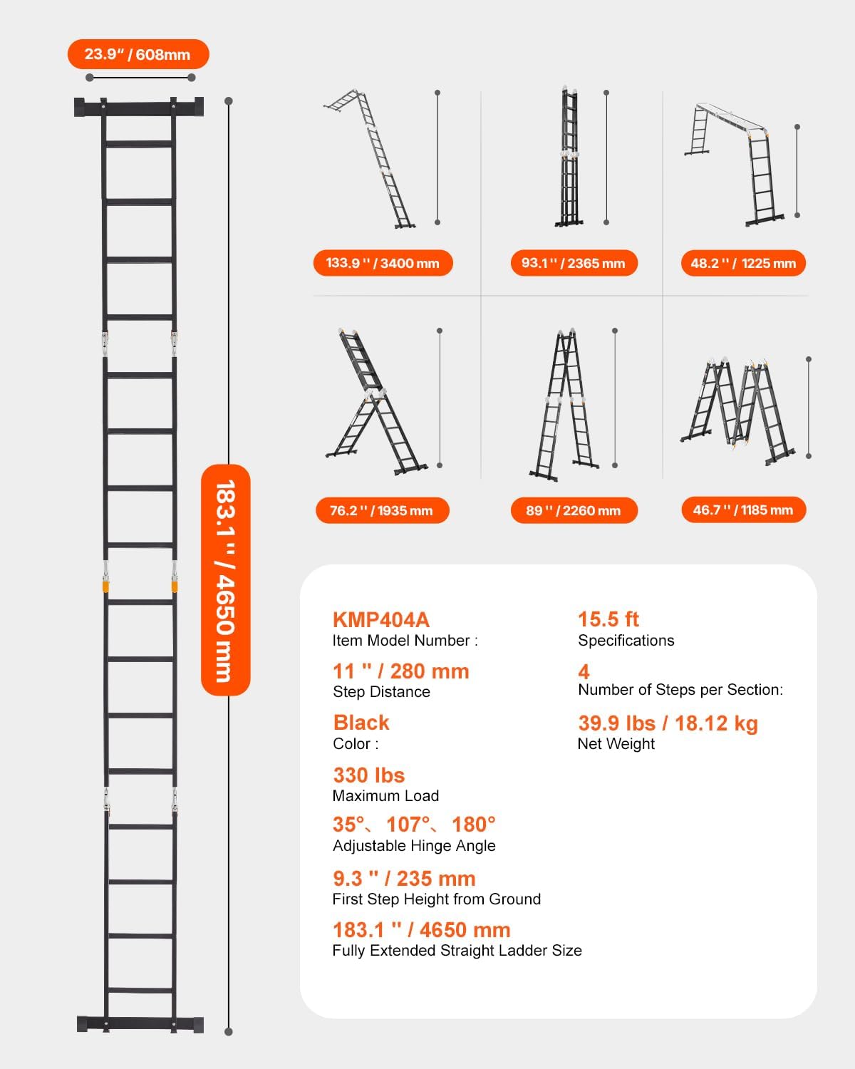 VEVOR Multi-Purpose Folding Ladder, 7-in-1 Tall Extension Step Ladder,