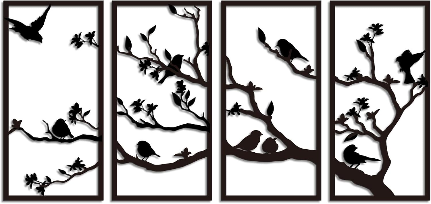 Oubasa 4 Pcs Metal Birds Wall Art, Vivid Birds on Branch Silhouette Wa