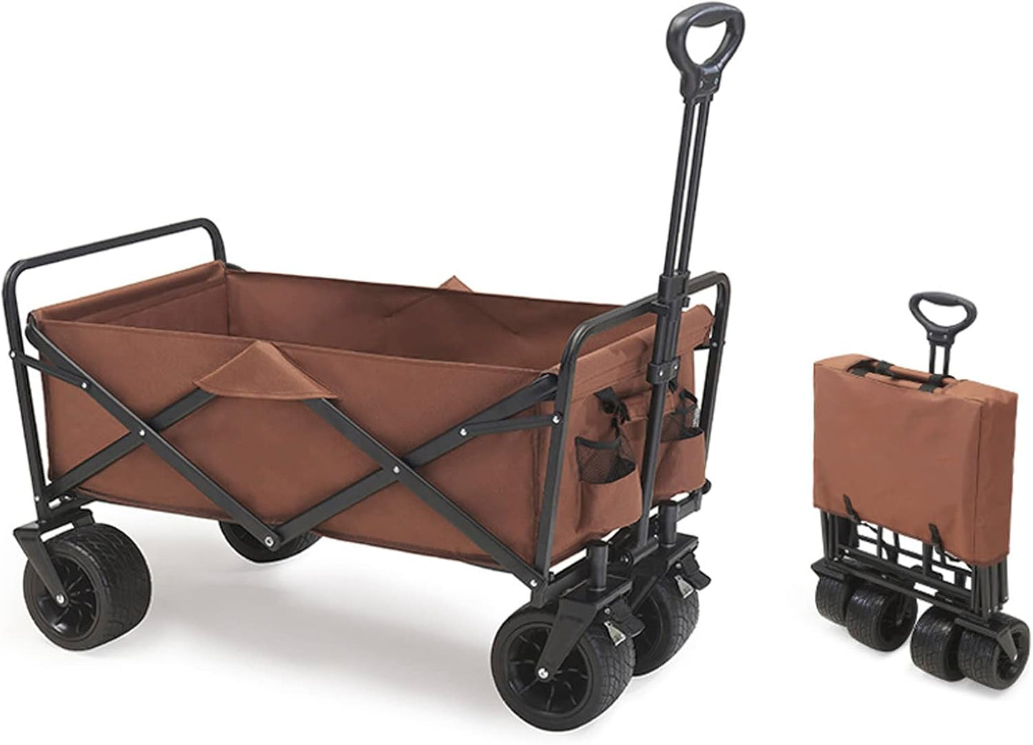 Heavy Duty Collapsible Folding Wagon - All-Terrain Beach & Garden Cart with Wide Wheels, Large Capacity Utility Cart for Camping, Shopping & Sports, Brown