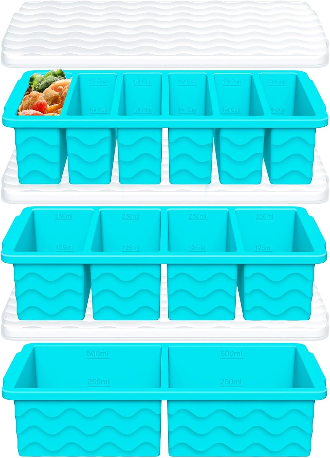 3-Pack Silicone Freezer Trays with Lid,2 Large 2-Cup(500ml)&4 Medium 1-Cup(125ml)&6 Small 1/2-Cup(75ml) Soup Freezer Container Molds,Ice Cube Tray For Meal Prep&Freezing Soup,Stews,Sauces