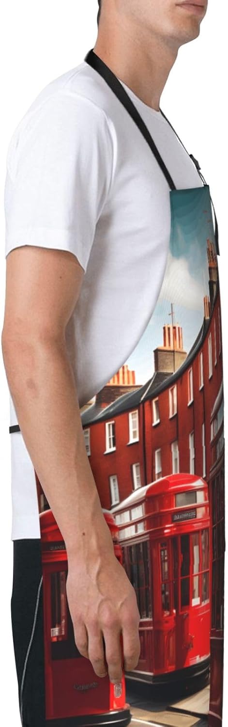 YANYU Red London Street Print 28x33 In Kitchen Apron Stylish Chef Apron with Pockets for Cooking Baking Painting
