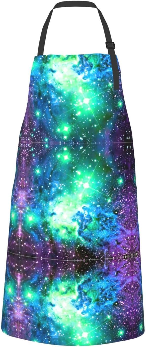 Green Blue Purple Galaxy Print 28x33 In Adult Kitchen Apron with Pockets Versatile Chef Smock for Cooking Baking