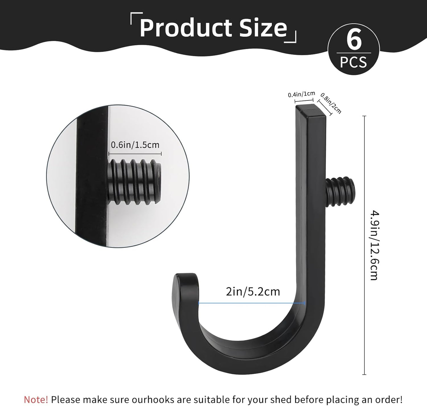 6 Pack J Shaped Tool Hooks Compatible with Suncast & Craftsman Shed Accessories, Black Premium Plastic Shed Hooks for Shed Organization, Garden & Garage Storage Hooks and Hanging Accessories