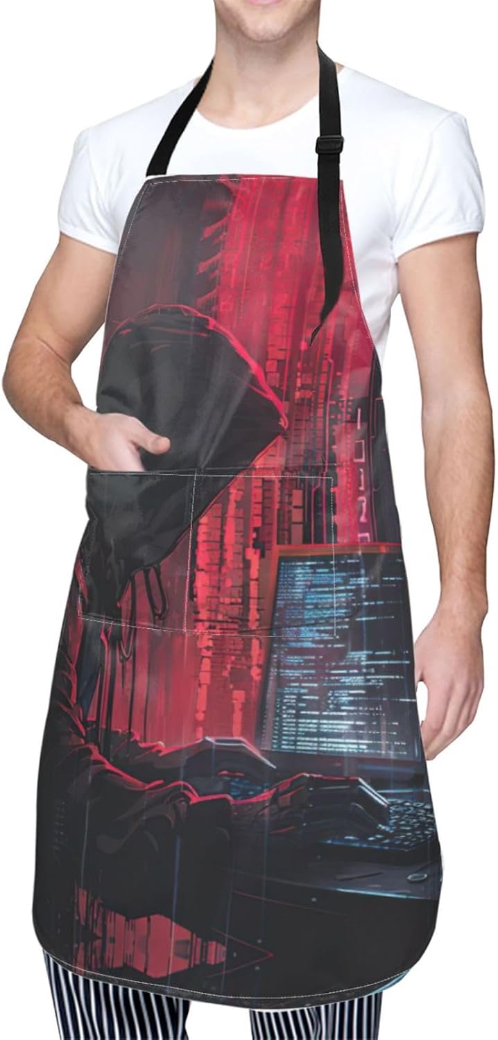 Hacker Attack print Waterproof chef's apron with pocket apron for kitchen cooking baking barbecue and gardening
