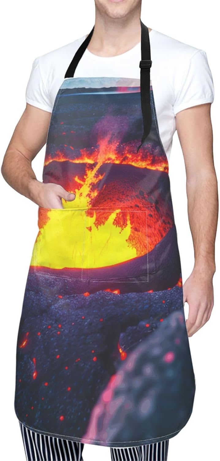 YANYU Kilauea Volcano Print 28x33 In Kitchen Apron Stylish Chef Apron with Pockets for Cooking Baking Painting
