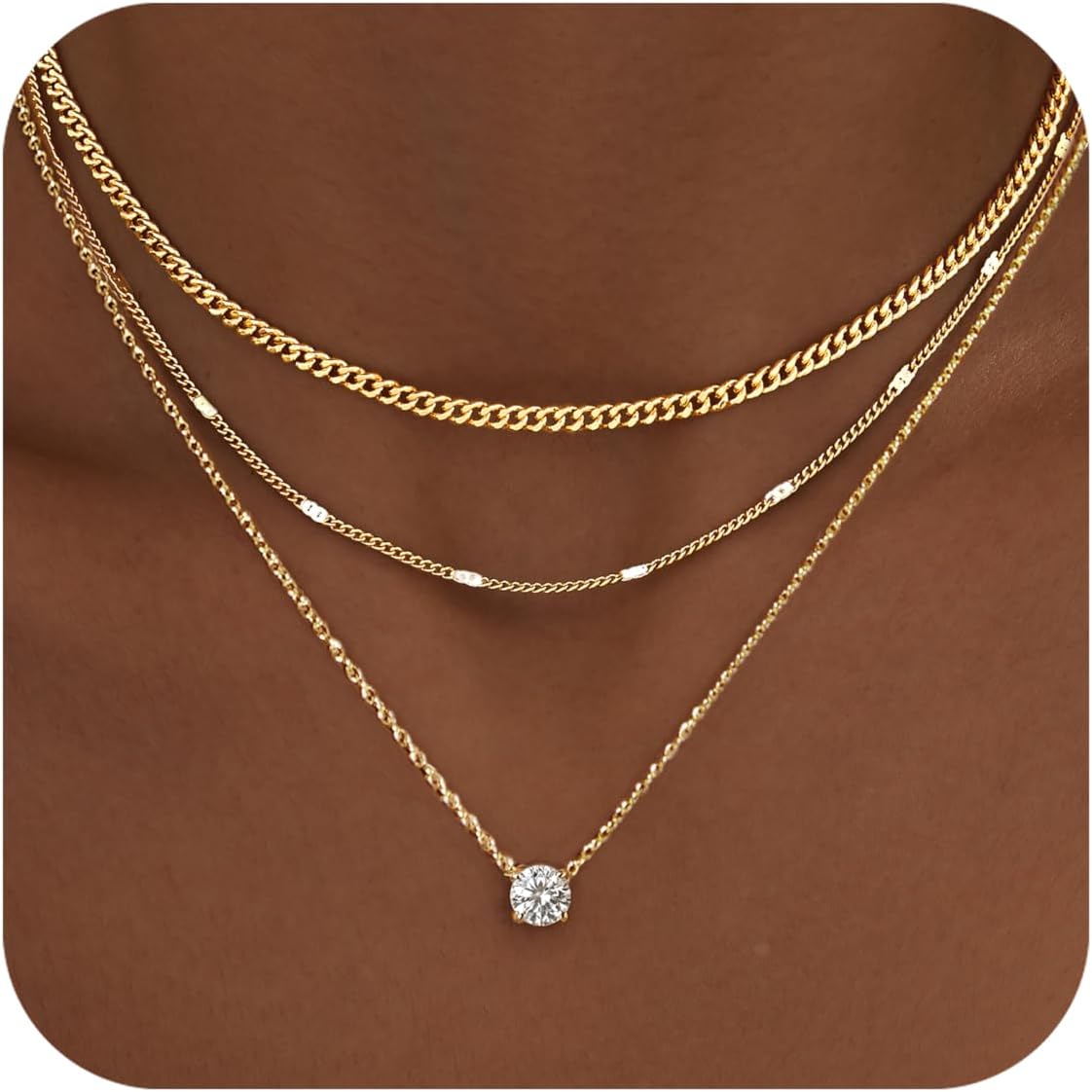 WomenGifts Layered Gold Necklaces for Women, 14K Gold Sterling Silver 