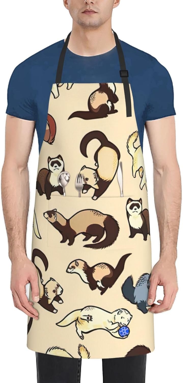 Hairy Ferret Print Laundry apron 28x33 In Waterproof Kitchen Apron with Pockets for Cooking Baking