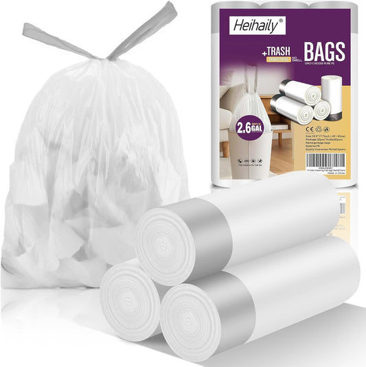 2.6-Gallon Trash Bags Heavy Duty - Heihaily Drawstring Kitchen Garbage Bags for Office/Bathroom, Leak-Proof Design, Odor Control Technology, Small Plastic Bags Clear(60 Count)