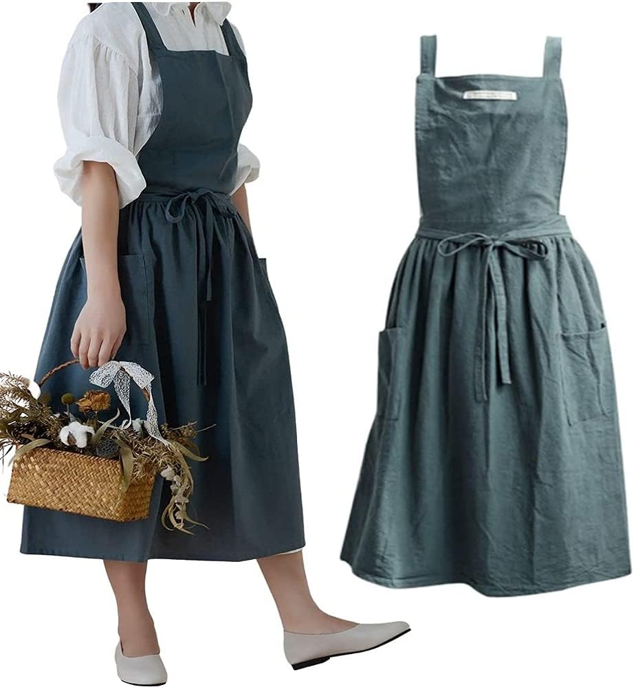 Cotton and linen Kitchen Cooking Aprons Dress for Women with Pockets C
