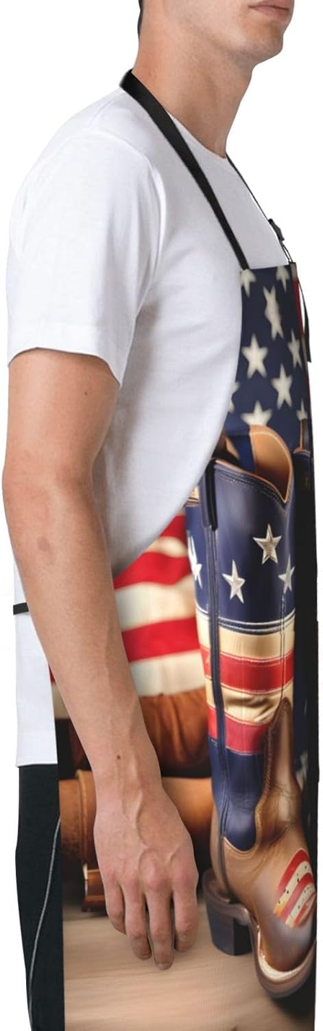 American Flag with Cowboy Boots Print Laundry apron 28x33 In Waterproof Kitchen Apron with Pockets for Cooking Baking