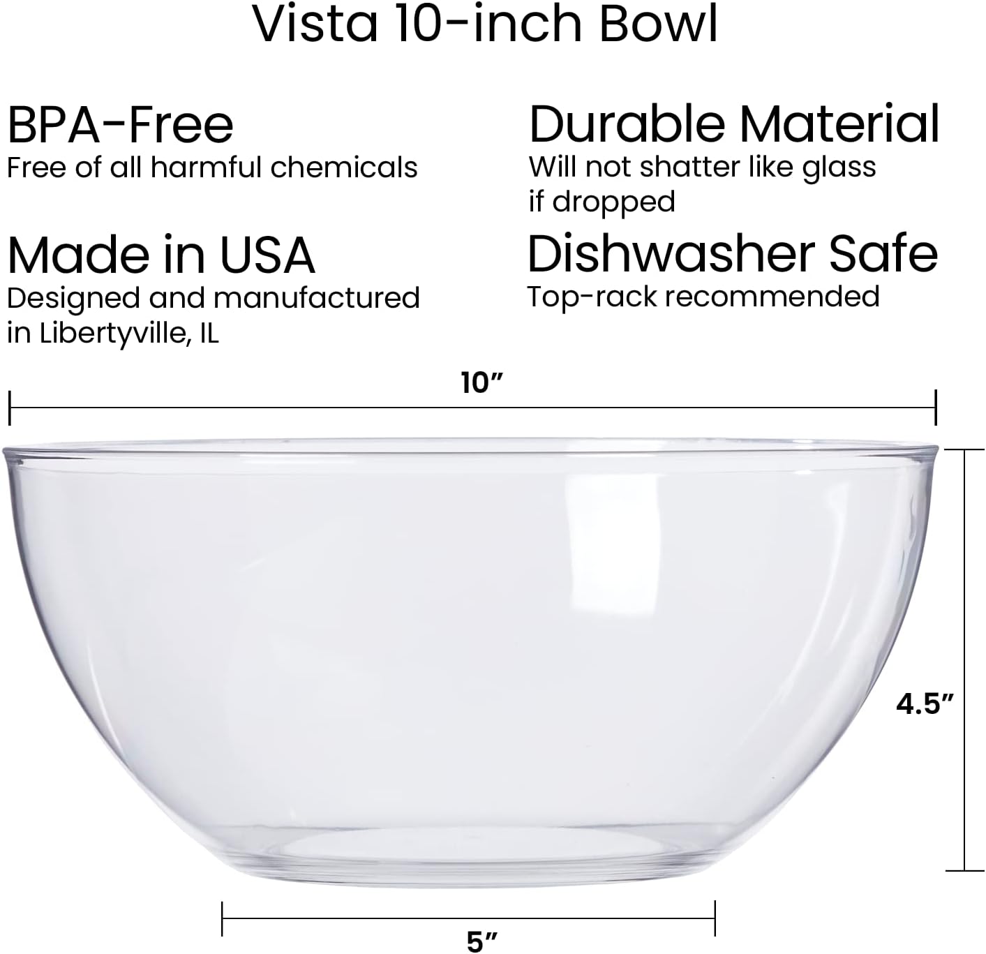 US Acrylic Vista Clear Plastic Salad and Serving 10-inch Bowls | set of 3 | Reusable, BPA-free, Made in the USA | 135 oz. capacity