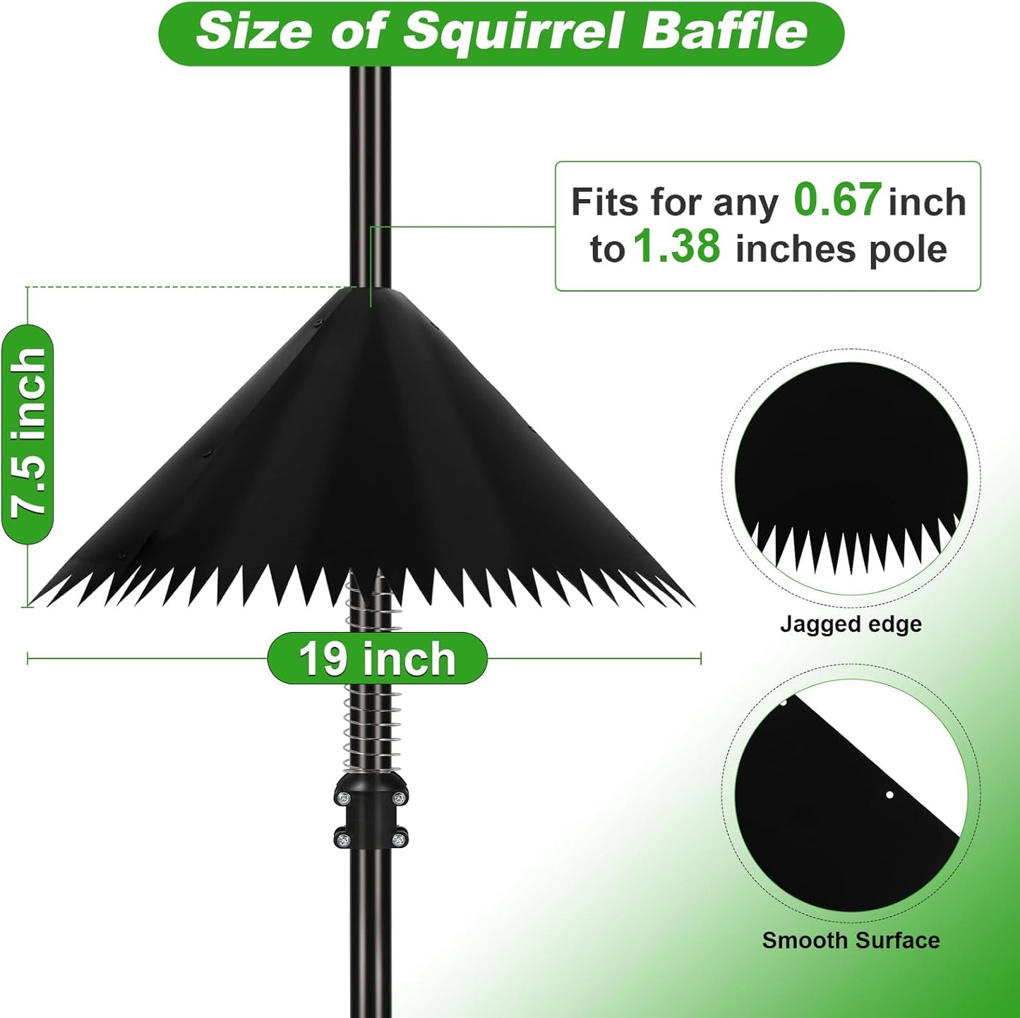 2 Pack Squirrel Baffle for Bird Feeder Pole, 19 inch Squirrel Cone for Bird Feeder Pole, Outdoor Squirrel Guard with Stainless Steel Spring for Shepherd's Hook, Black