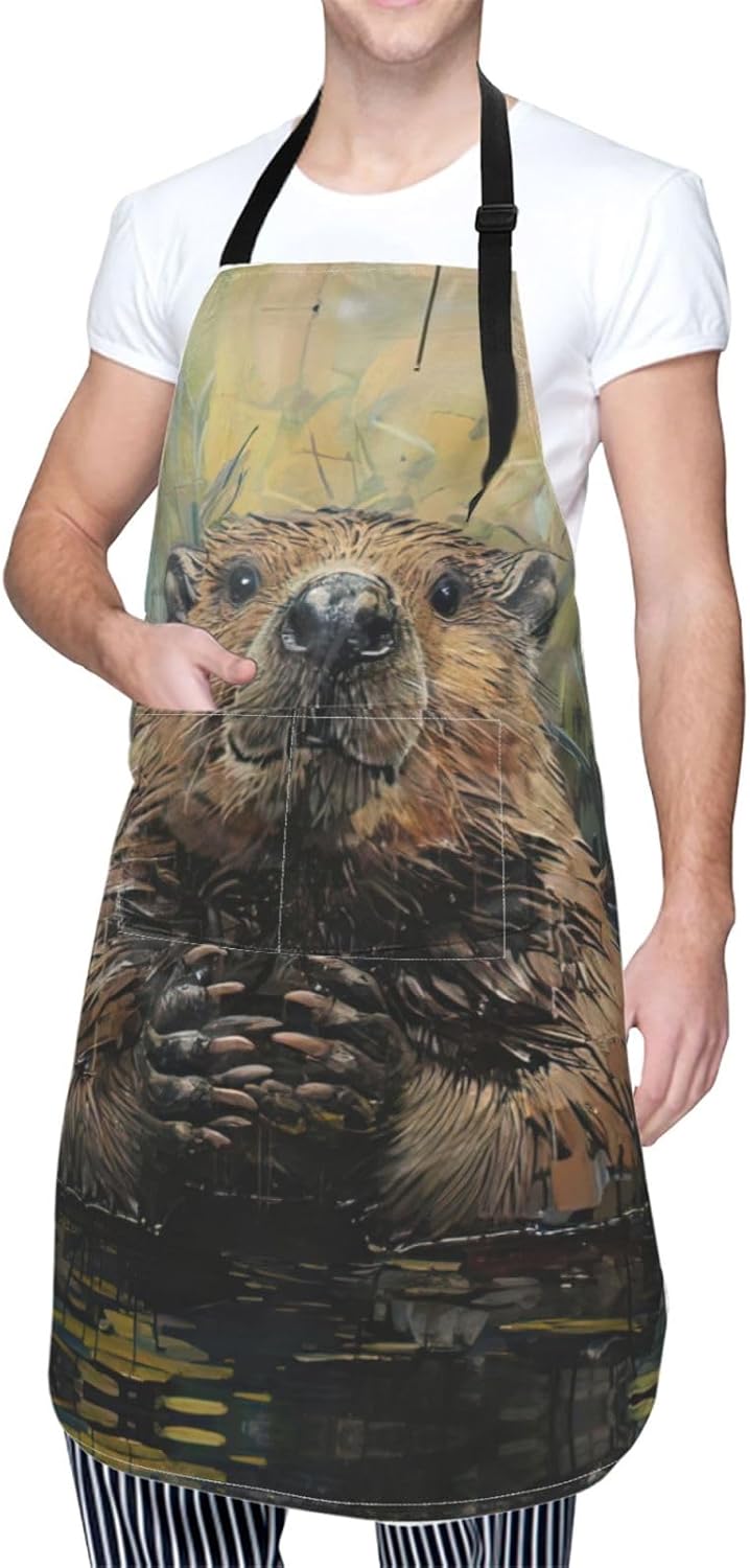 Beaver Print Laundry apron 28x33 In Waterproof Kitchen Apron with Pockets for Cooking Baking