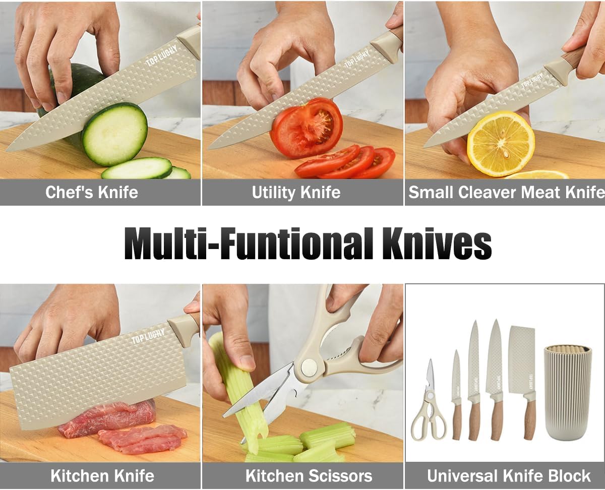 Knife Set, Wiztoynia 6-Piece Khaki Kitchen Knife Set for Home, Anti-Rust Non-stick Stainless Steel Sharp Chef Knife Sets with Universal Knife Block for Kitchen, Ergonomical Design (Khaki)