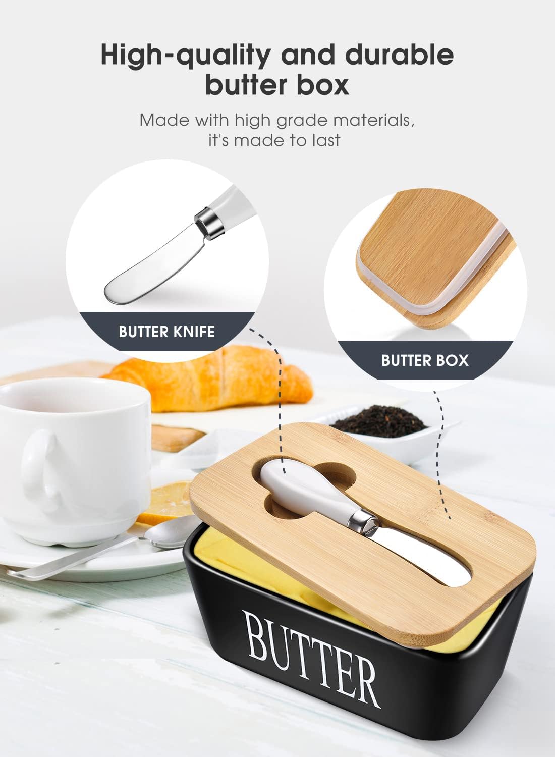 Butter Dish with Lid: Large Butter Dish for Countertop - Ceramic Butter Keeper Container with Knife and High Quality - Silicone Sealing Butter Box for Home Decor Good Kitchen Gift Black